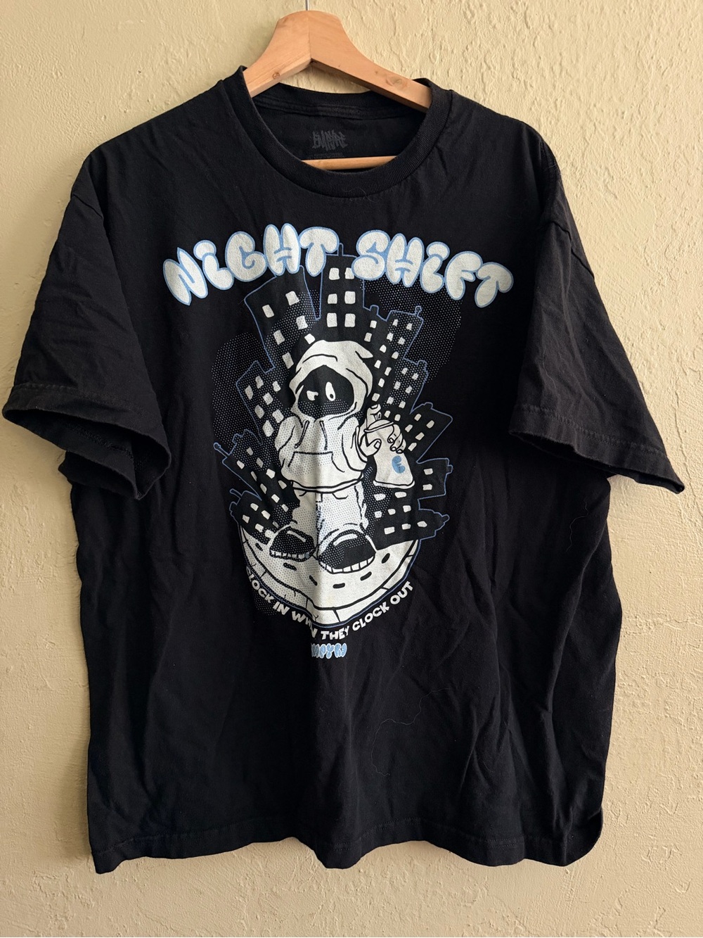 Empyre Black Night-Shift Graphic Tee with White & Light Blue Print
